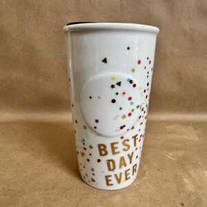 2015 Starbucks "Best Day Ever" Confetti Ceramic Traveler Tumbler Coffee Mug 10oz